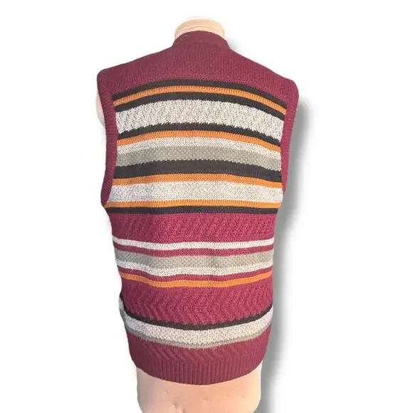 Vintage London Fog Striped Knit Sweater Vest Burgundy Multicolor 90s Grandpa
